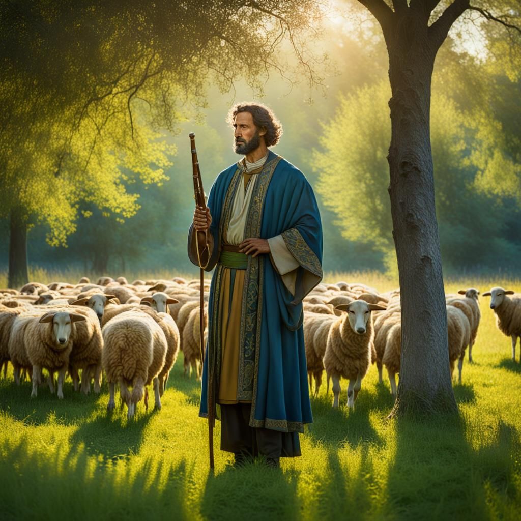 Shepherd in Lush Meadow: Art Nouveau Oil Painting