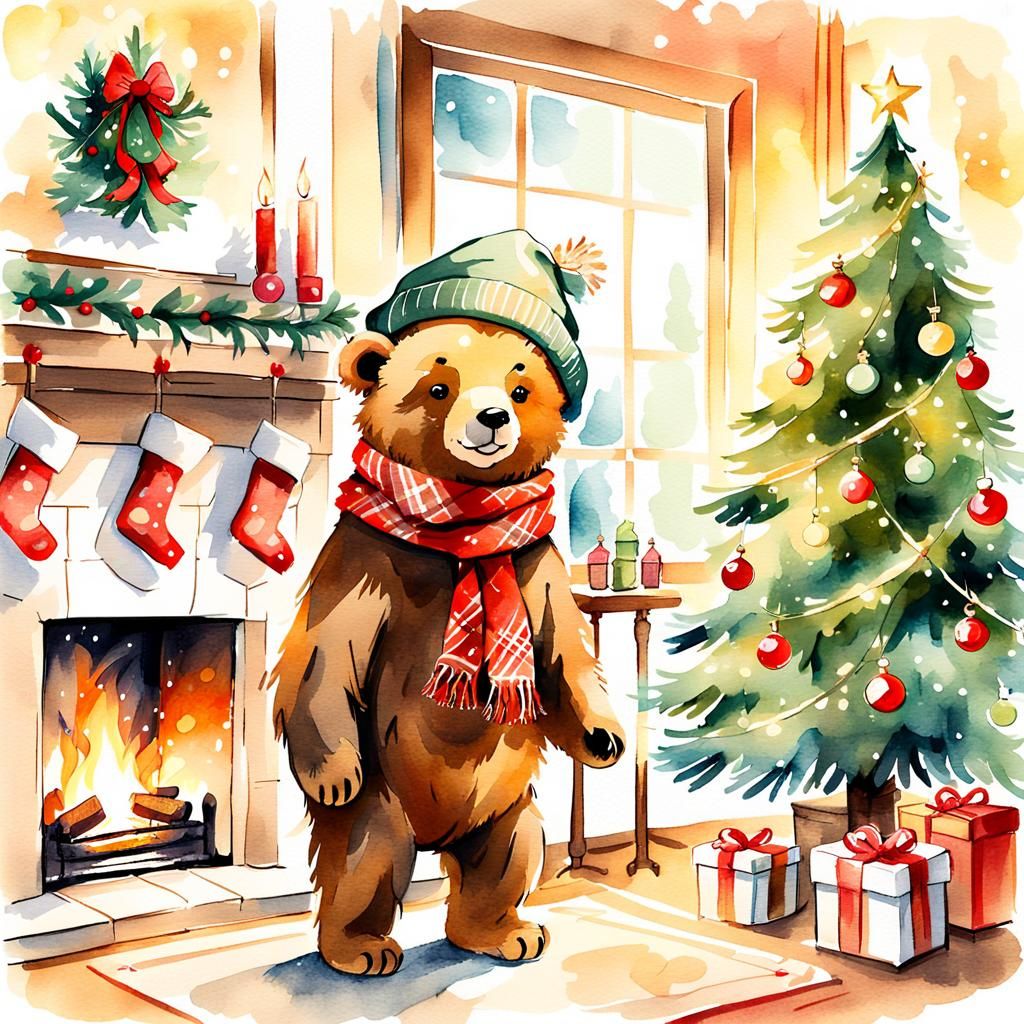 Watercolor Whimsy: Cozy Bear Cub by Christmas Tree