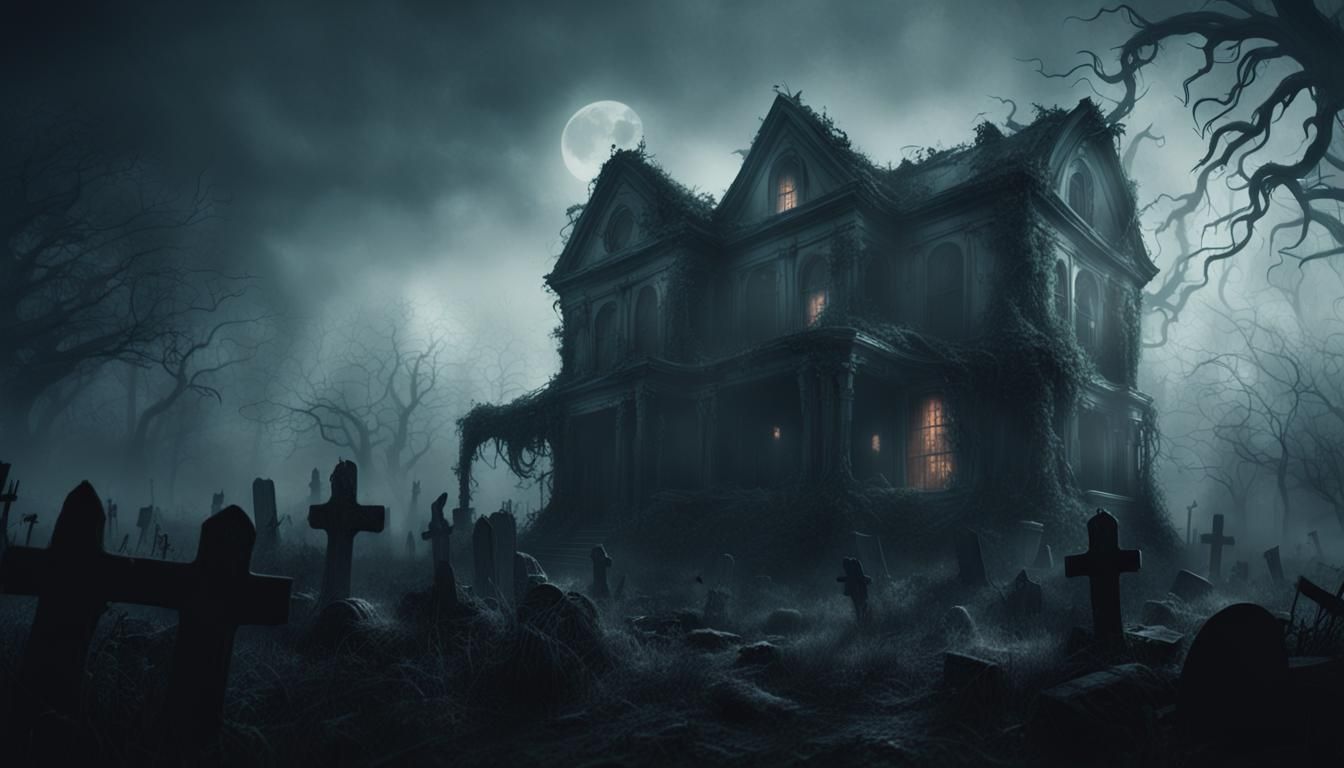 Eerie Abandoned House with Graveyard in Dark Fantasy Style