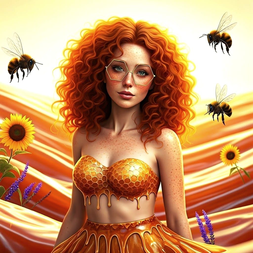 Surreal Honey Goddess in a Floral Landscape