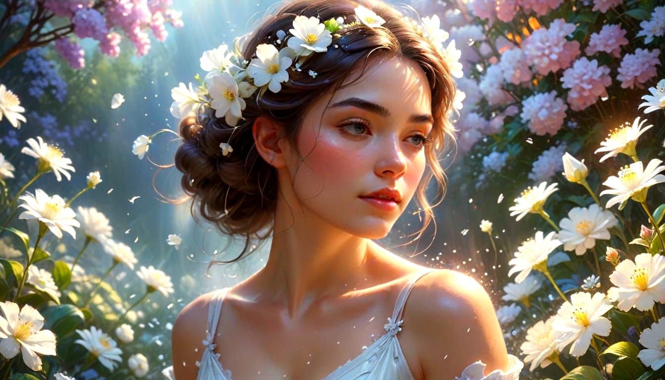 Ethereal Woman Covered in White Flowers: Hyperrealistic Conc...