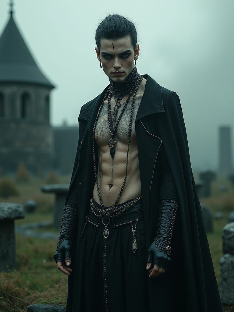 Gothic Man in Eerie Churchyard Cinematic Lighting