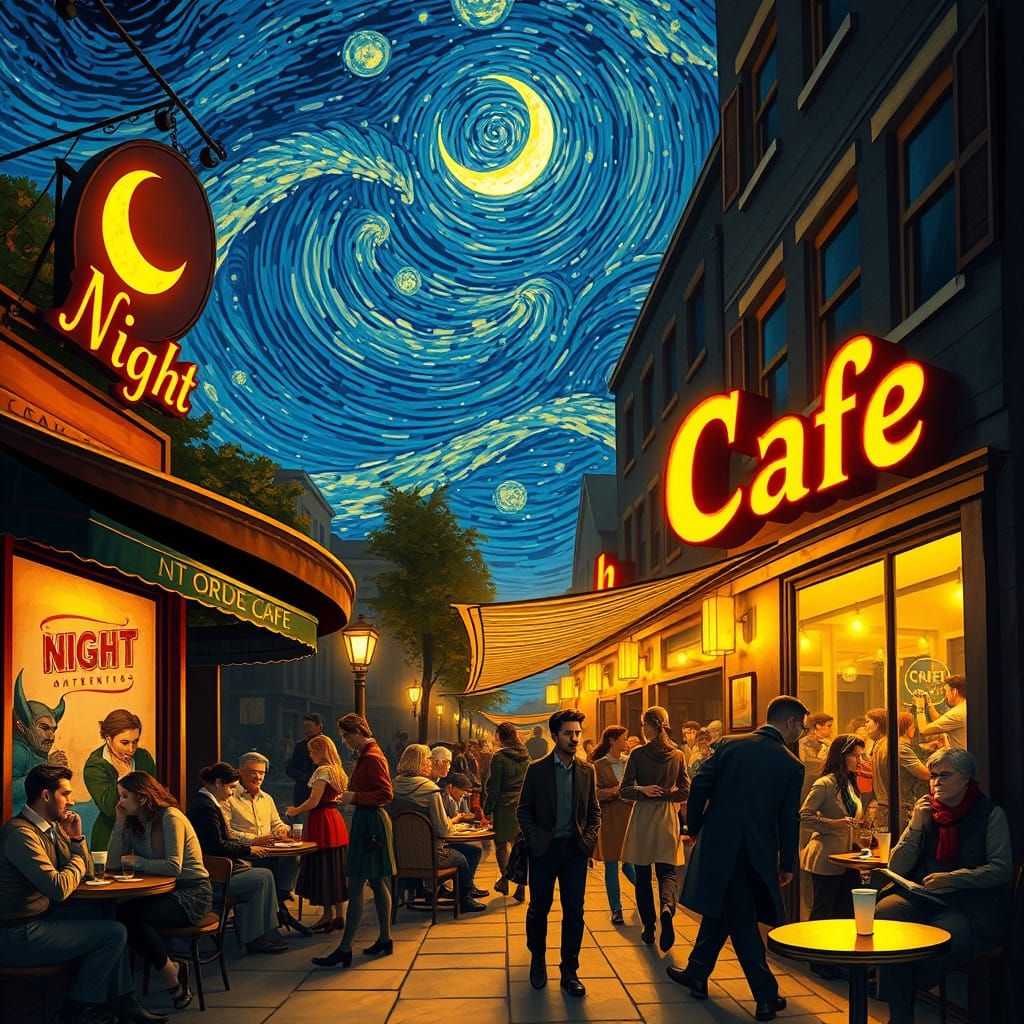 Whimsical Night Cafe Scene in Vibrant, Mixed Artistic Style