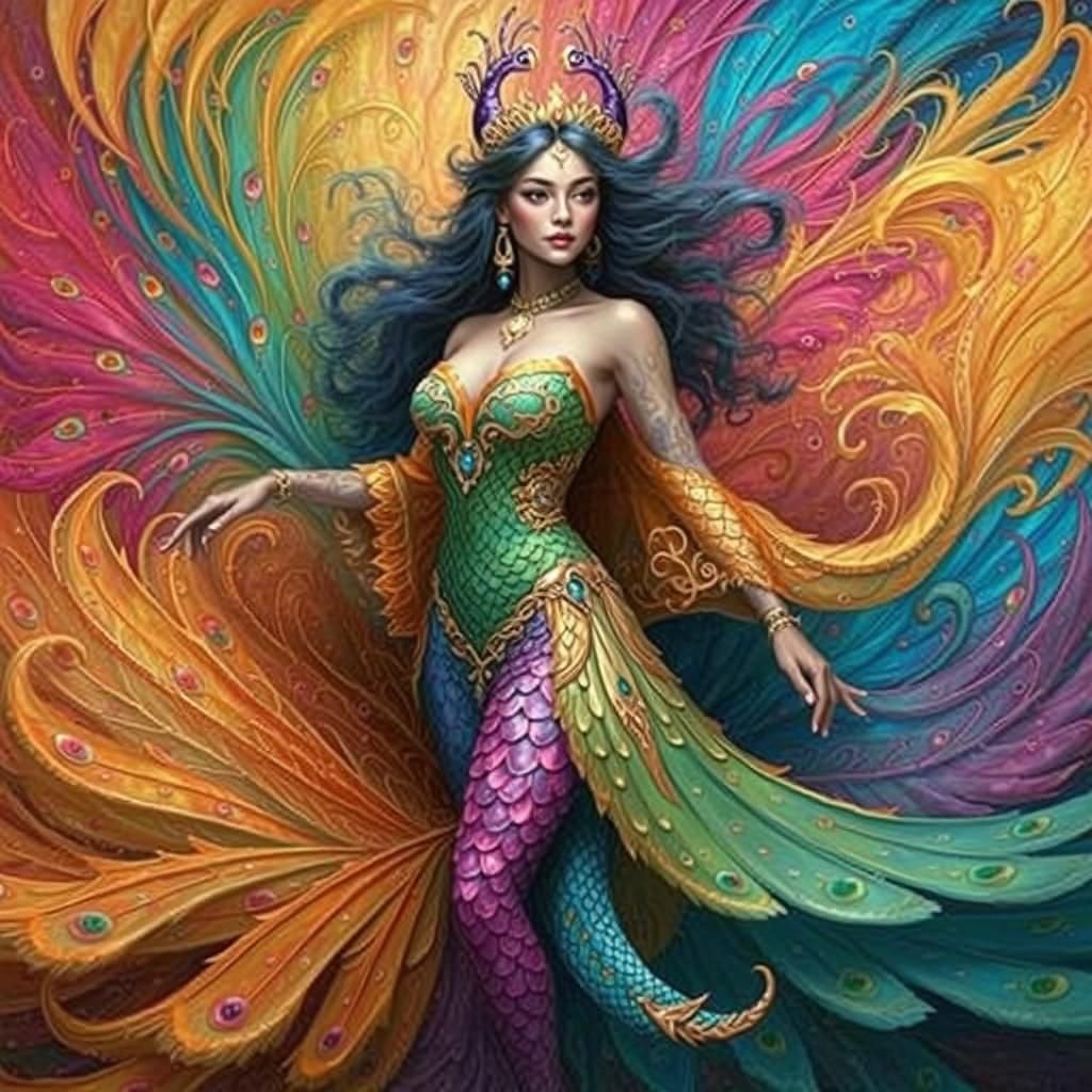 Fantasy Dragon Peacock Woman in Fauvist Style