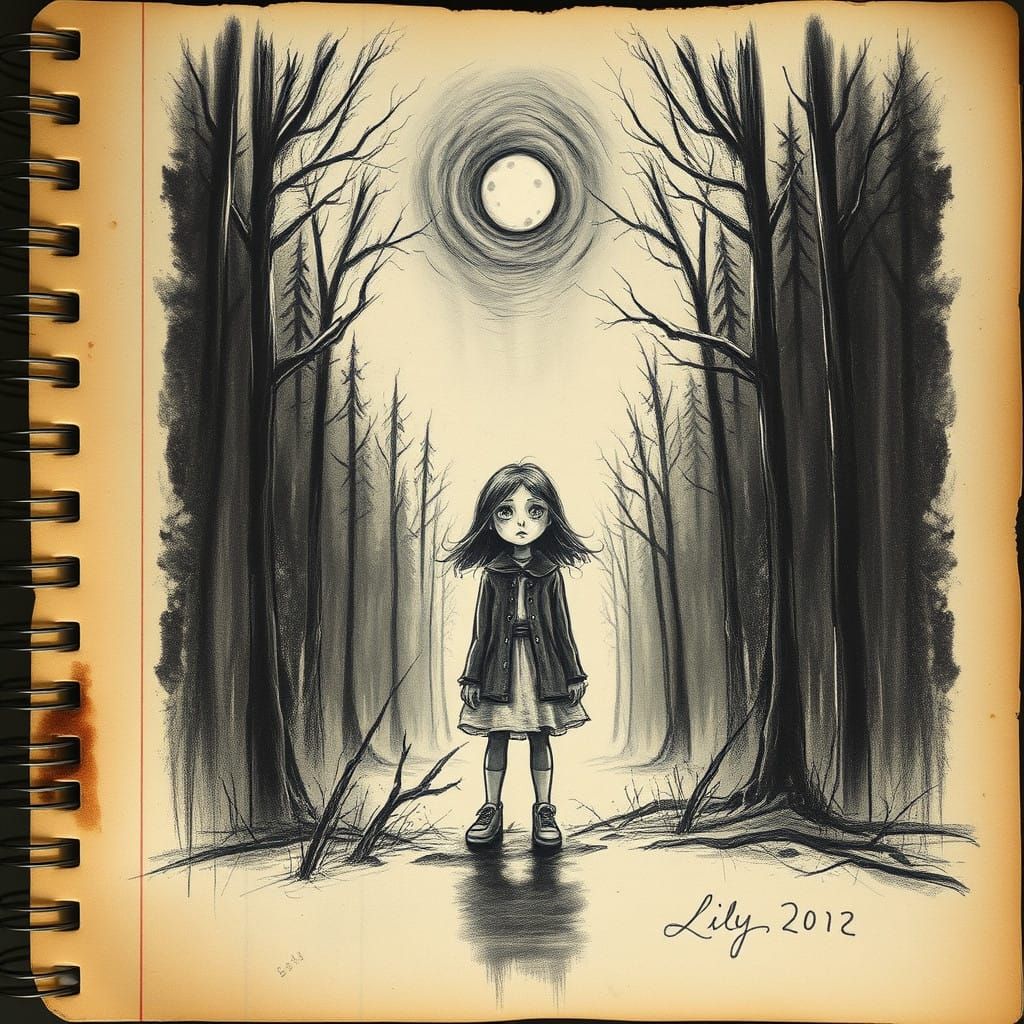 Girl at Forest's Edge, Charcoal Sketch with Handwritten Note...