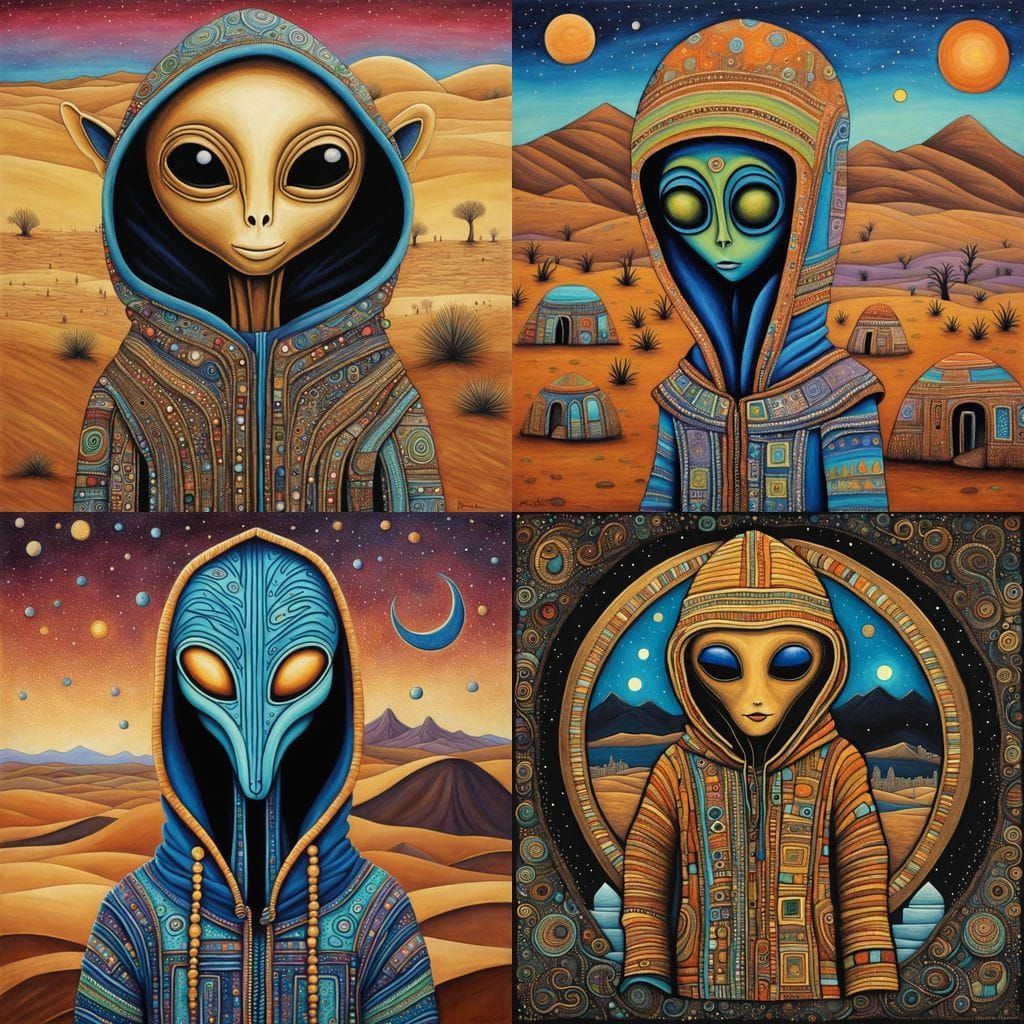 Alien in Hoodie Explores Sahara in Mixed Media Style