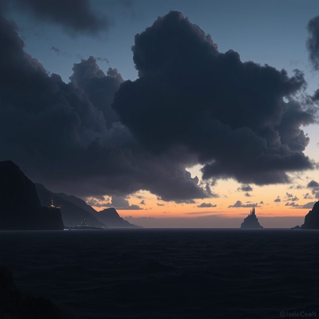 Dramatic Ocean Landscape at Dusk in Digital Art Style