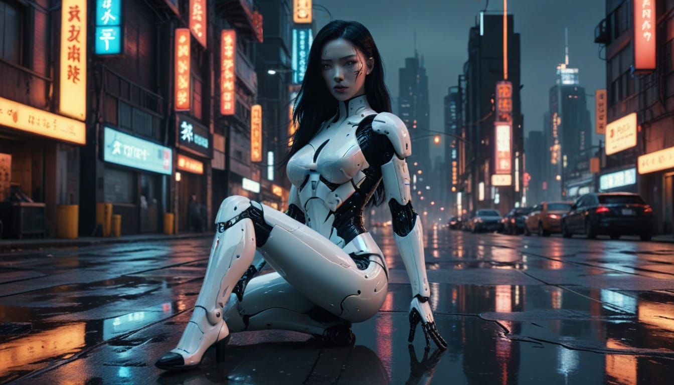 Cyberpunk Android in Neon Cityscape: Cinematic 8K