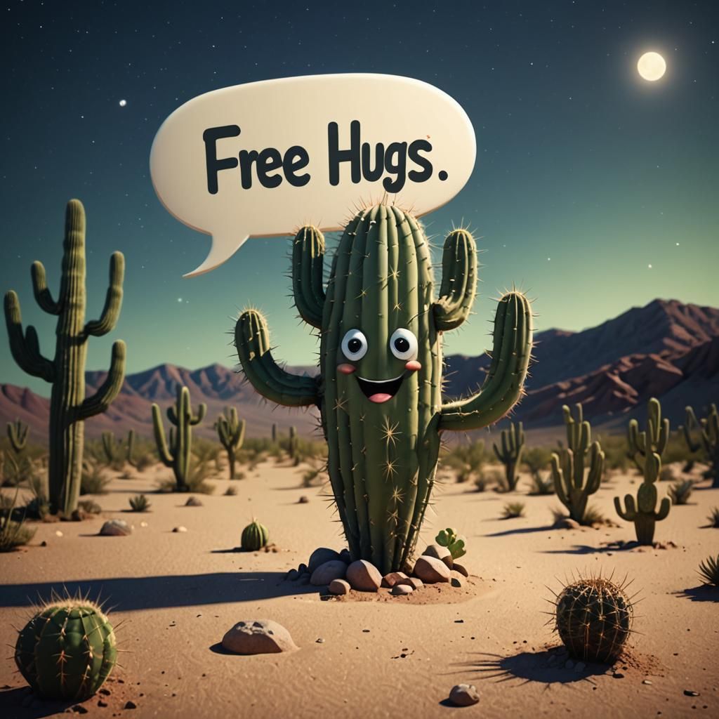 Cartoon Cactus Offers Free Hugs in Dreamy Desert