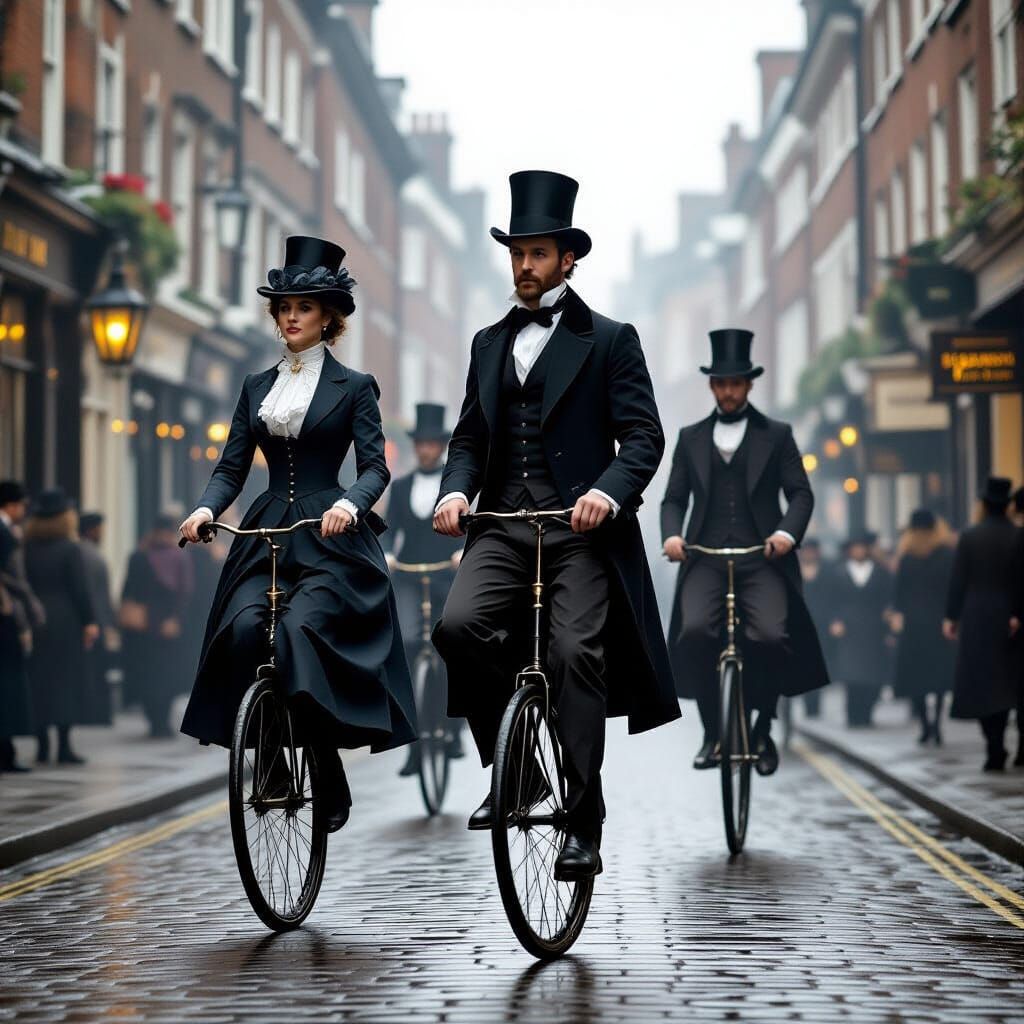 Victorian Londoners Ride Unicycles in Misty Street