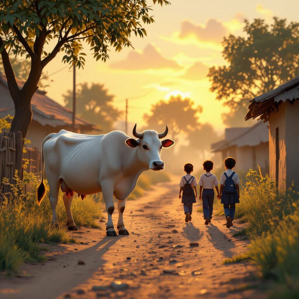 Sunrise in Rural India: White Cow in 3D Animation