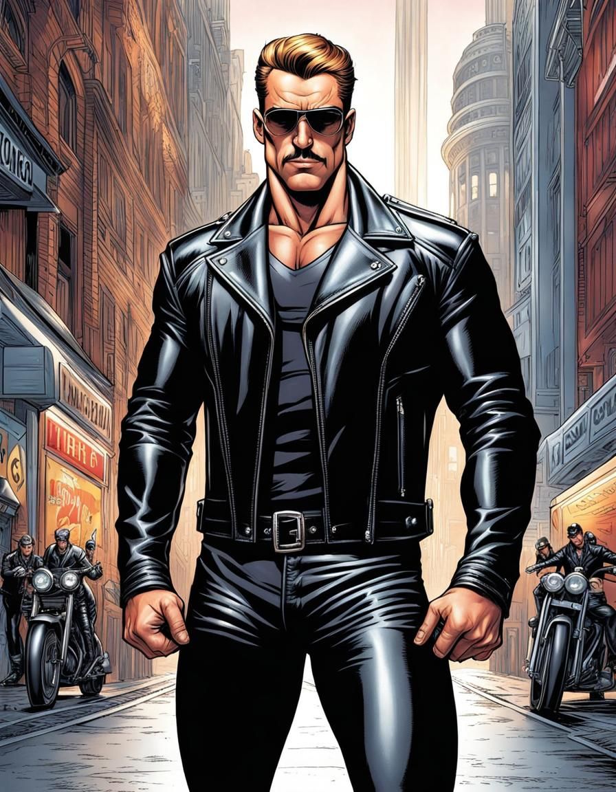 Biker, tight leather jacket, tight leather trousers, standing, extreme muscular, Tom of Finland, Mark Brooks and Dan Mum...