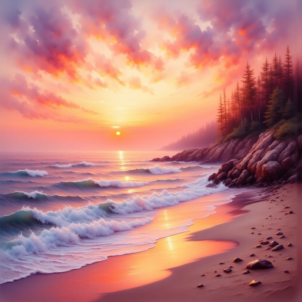 Sunset Coastal Landscape in Watercolor Style