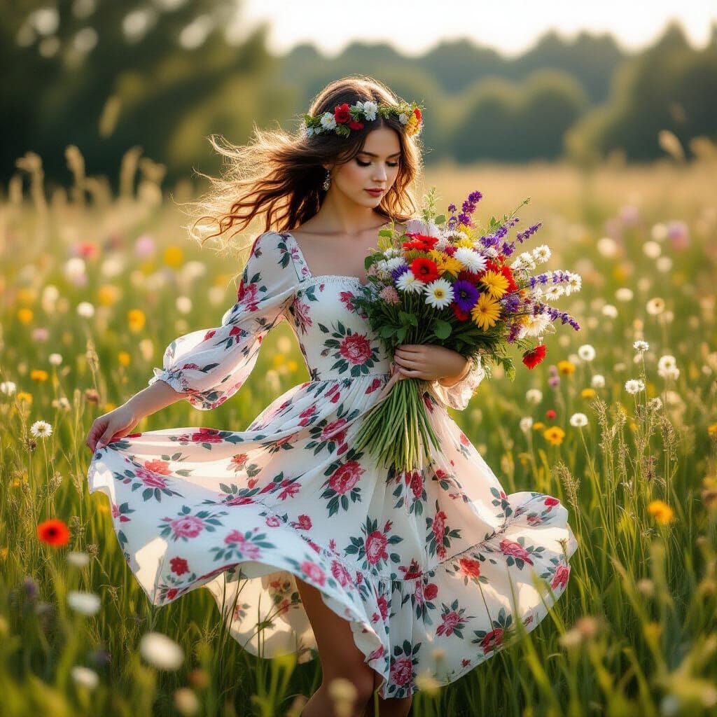 Gothic Girl Dancing in Wildflower Meadow
