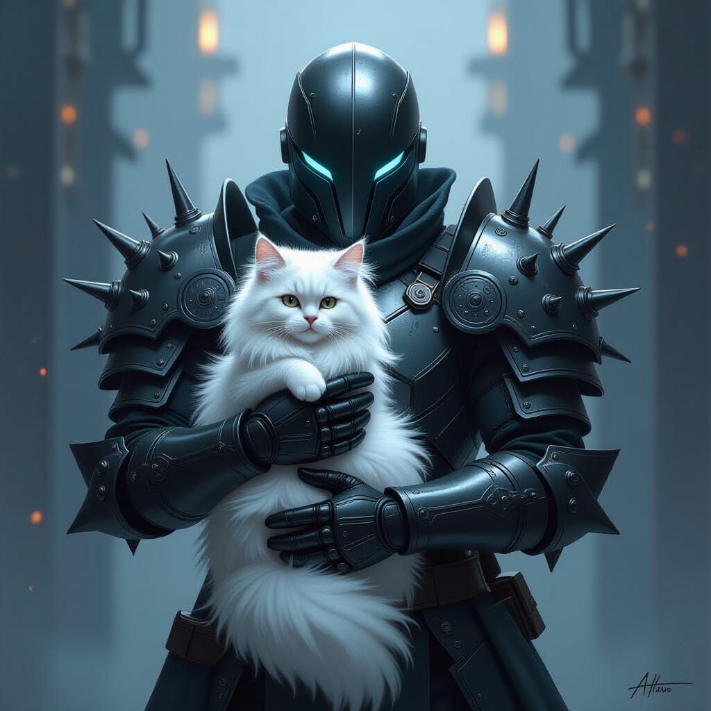 Futuristic Armored Figure with Cat in Digital Painting