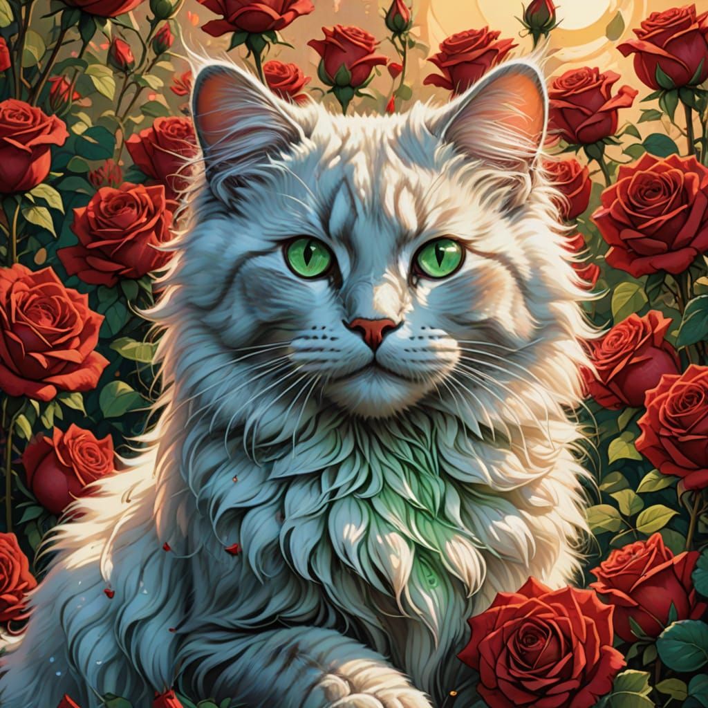 Serene Angora Cat in Vibrant Red Rose Garden - Comic Book Ar...