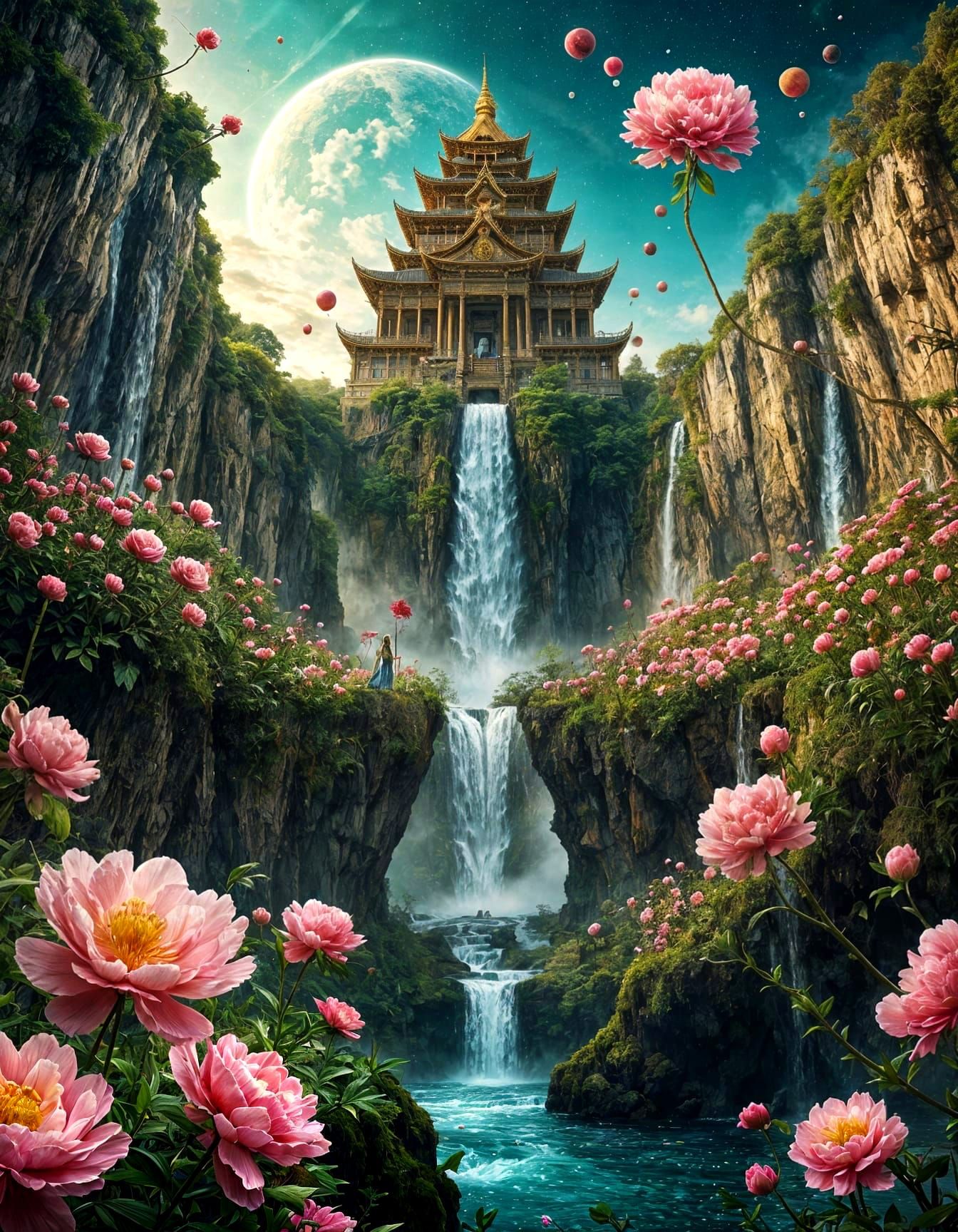 Surreal Gem River Temple with Whimsical Flowers