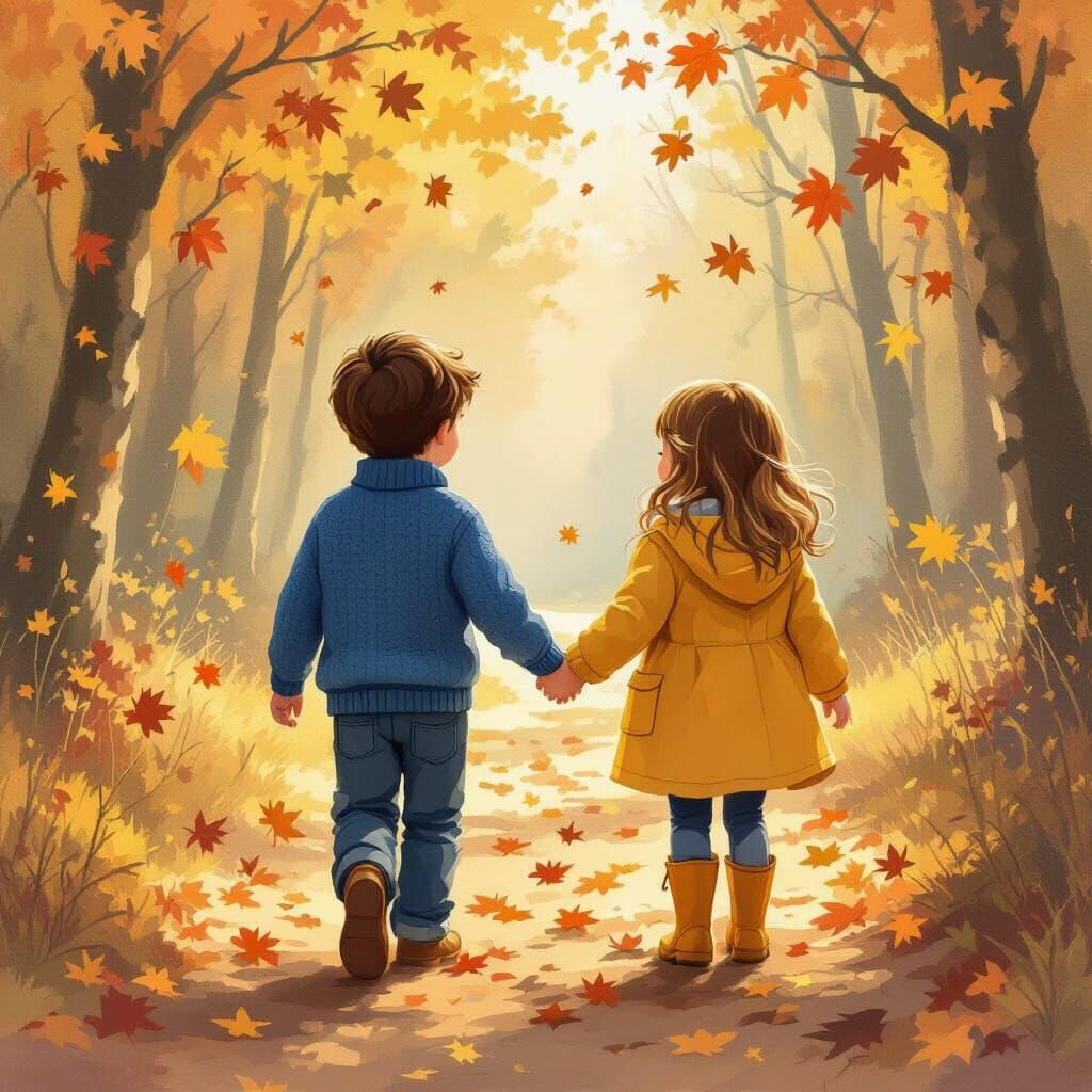 Children Walking Through Autumn Forest in Storybook Style