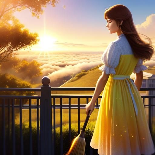 Woman Sweeping Balcony: Hyperrealistic Digital Art