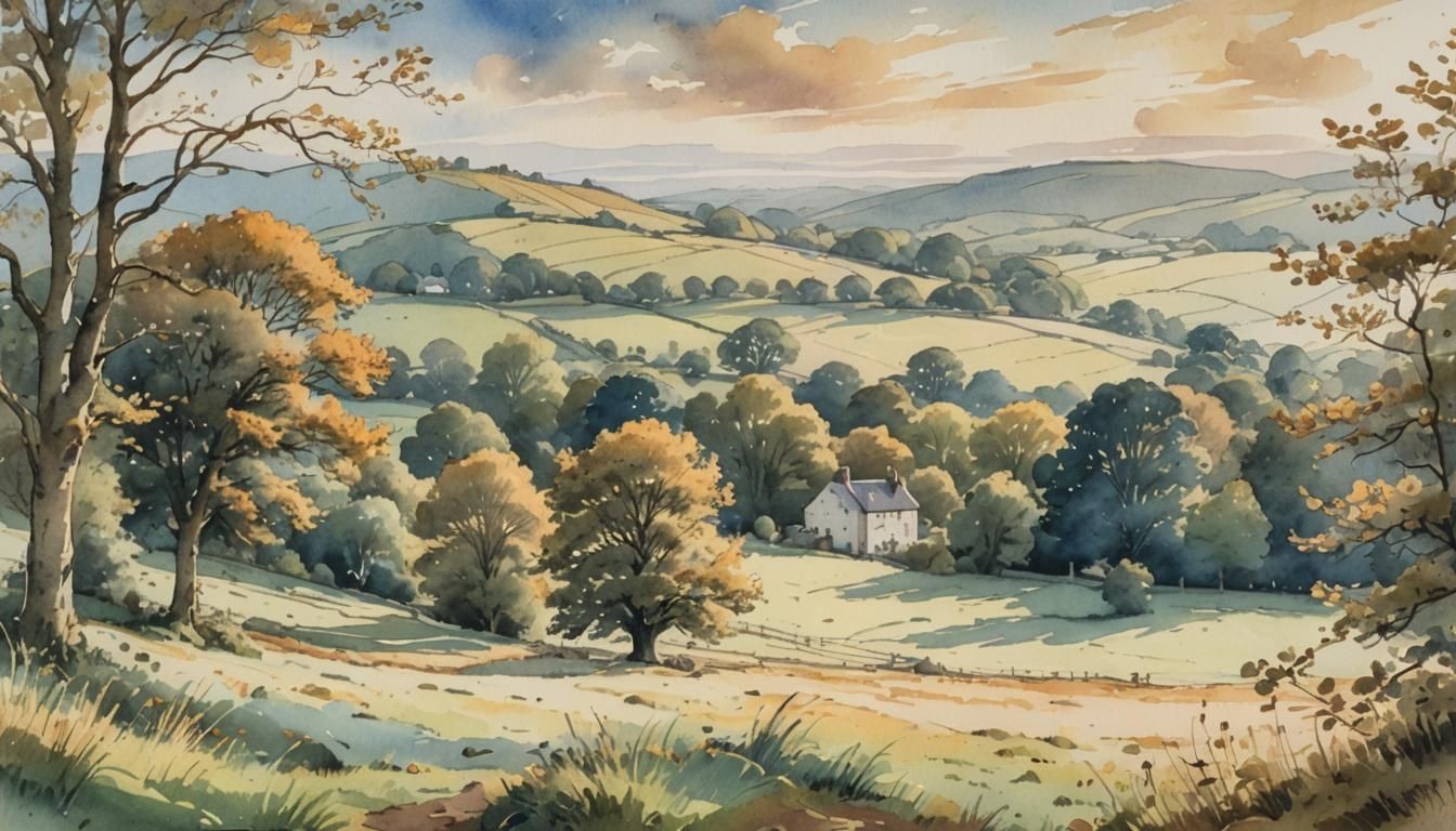 Idyllic English Countryside Watercolour Painting