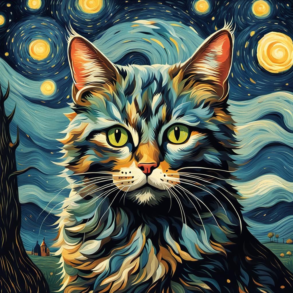 Cat in Starry Night Postcard Style