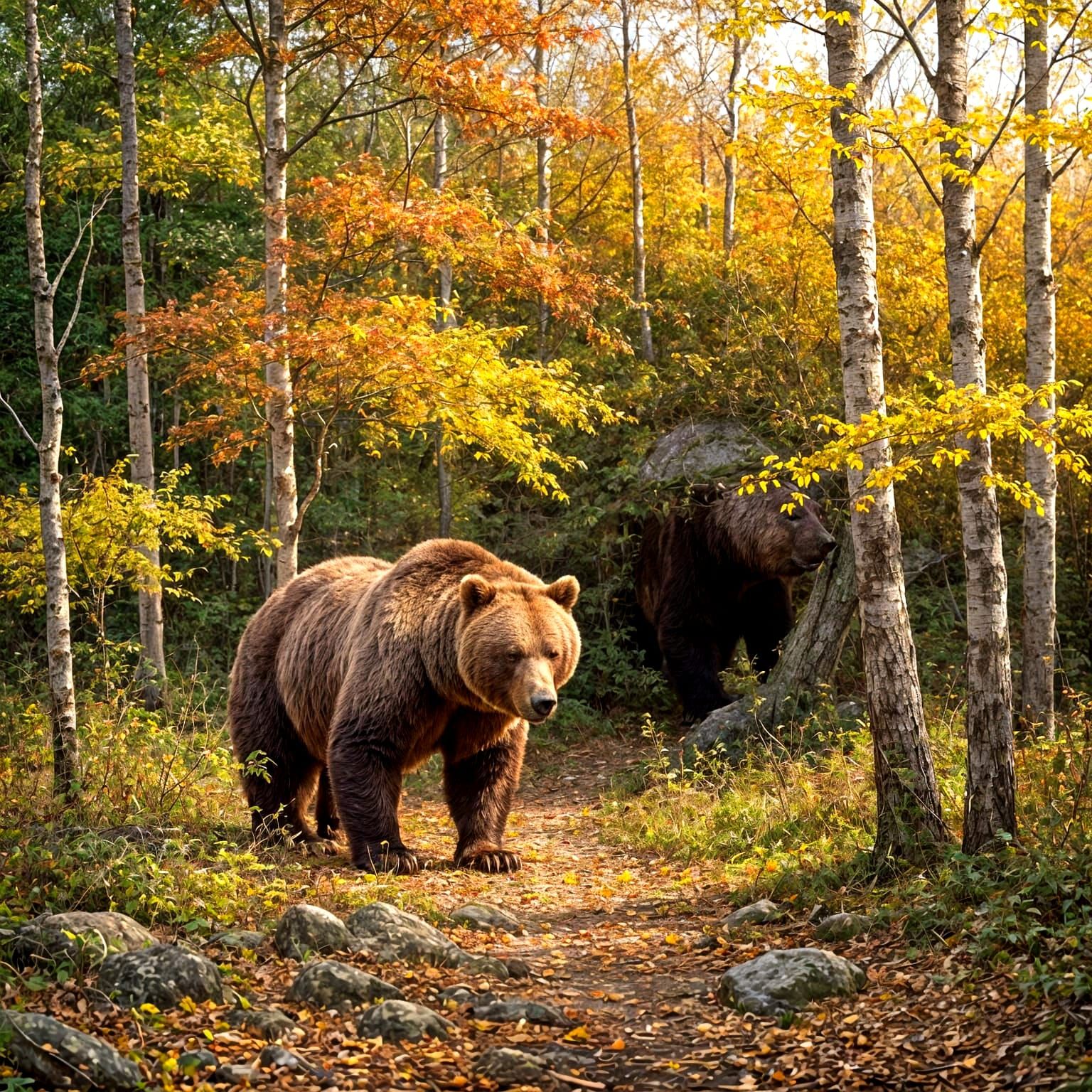 Bear Walks Through Autumn Forest Towards Cave