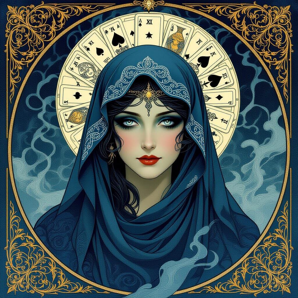 Art Nouveau Fortune Teller with Tarot Cards