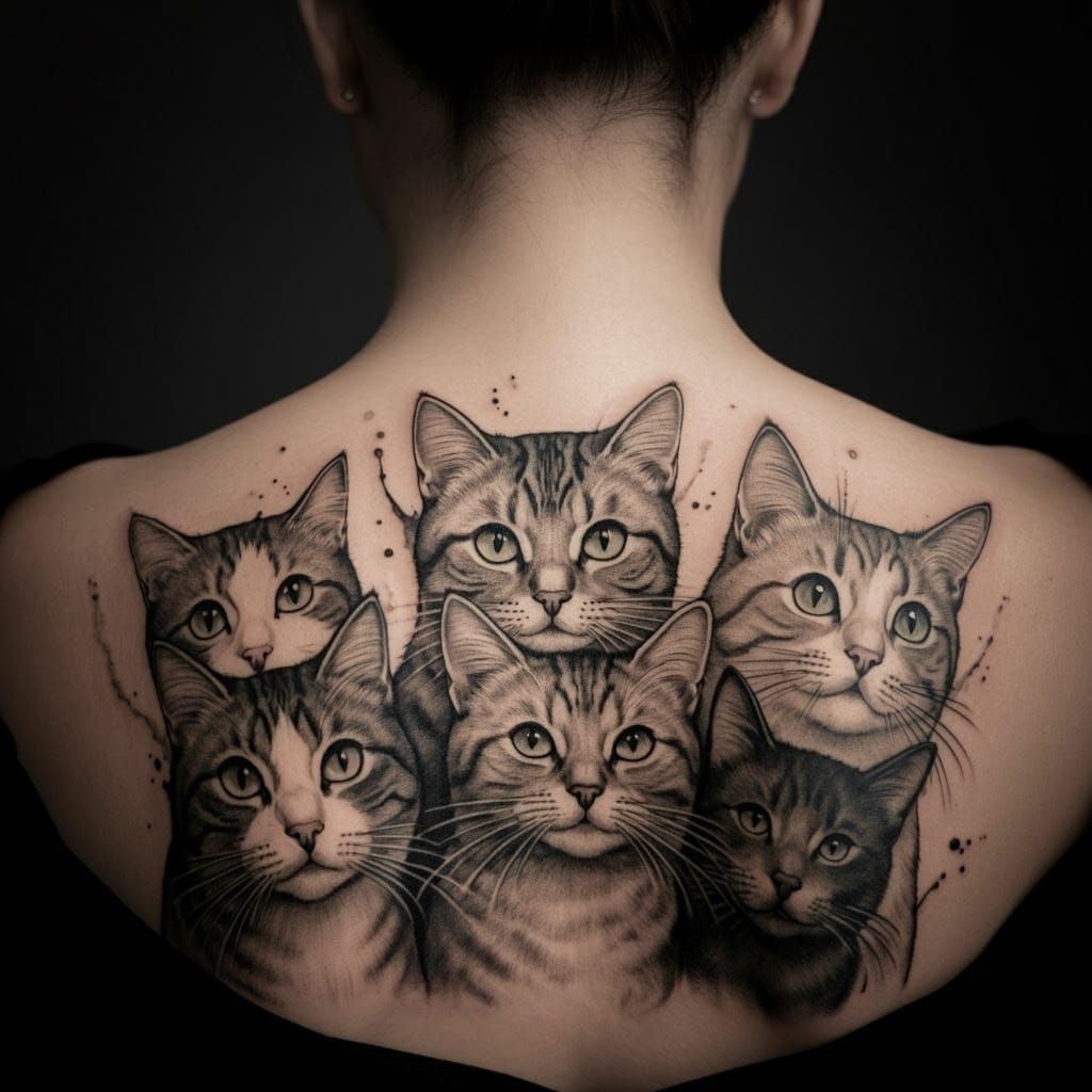 Multiple Cats Tattoo in Kawaii Line-Art Style