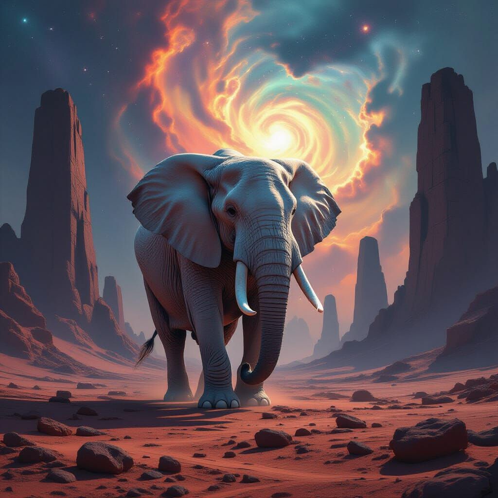 Albino Elephant on Alien Planet Under Nebula Glow