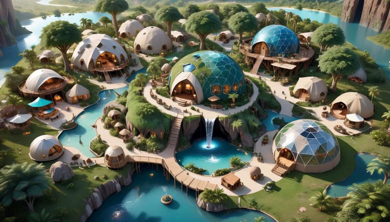 Aerial Eco-Village Oasis with Waterfall Lagoon