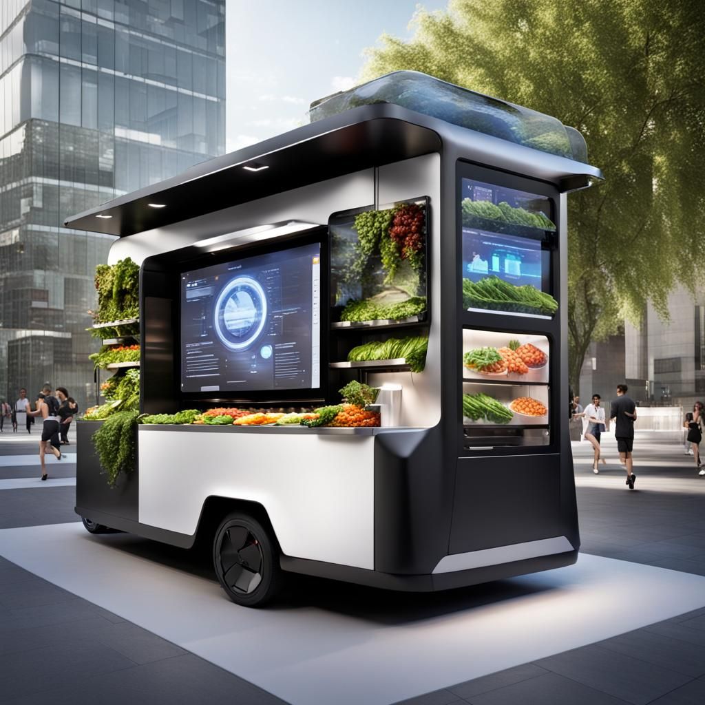 Futuristic Food Truck with Vertical Garden and LED Displays