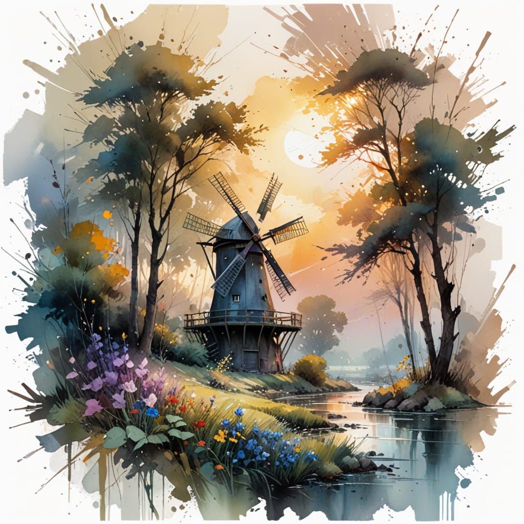 Country Windmill at Sunrise: Neo-Impressionist Watercolor