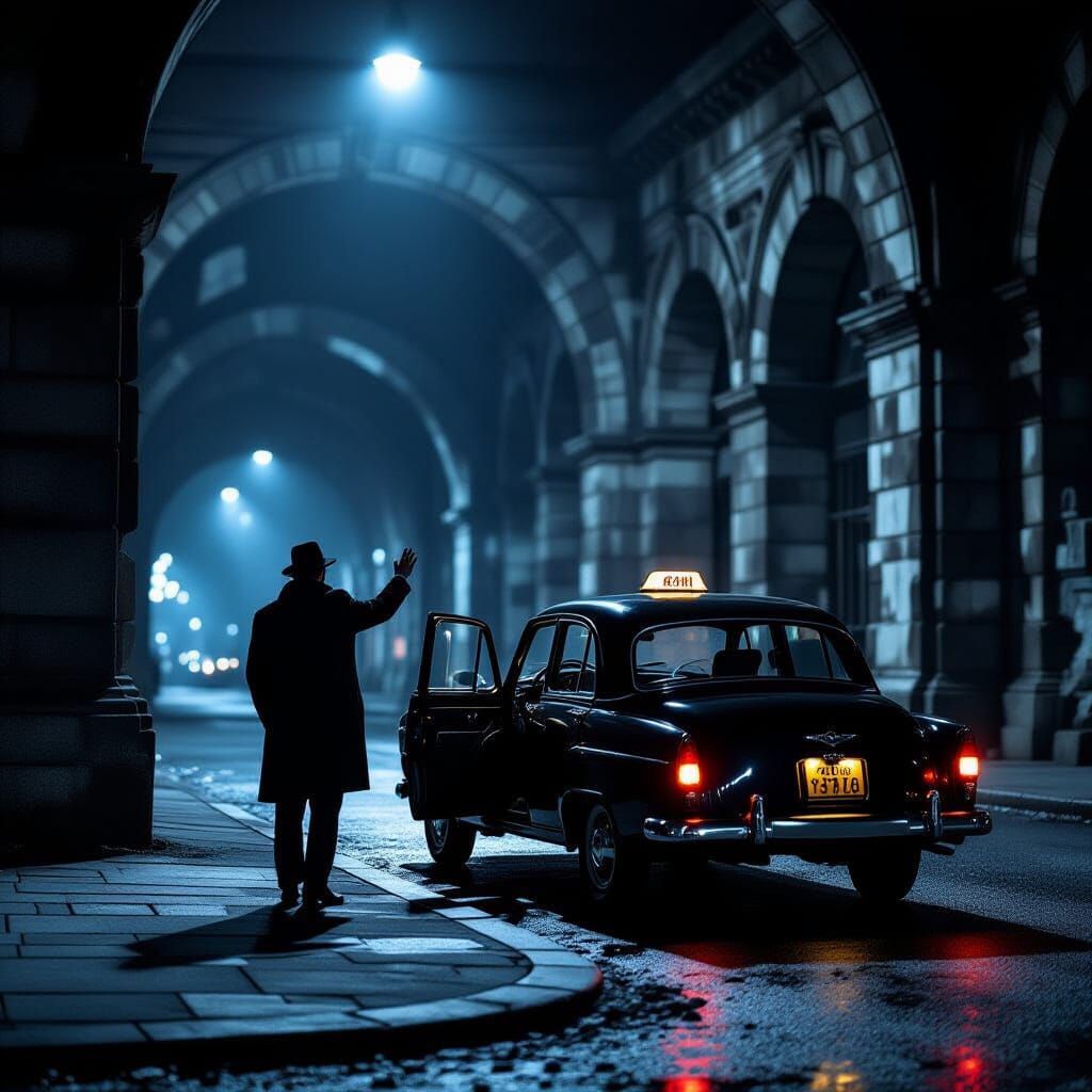 Figure Hails Taxi at Anhalter Bahnhof Ruins