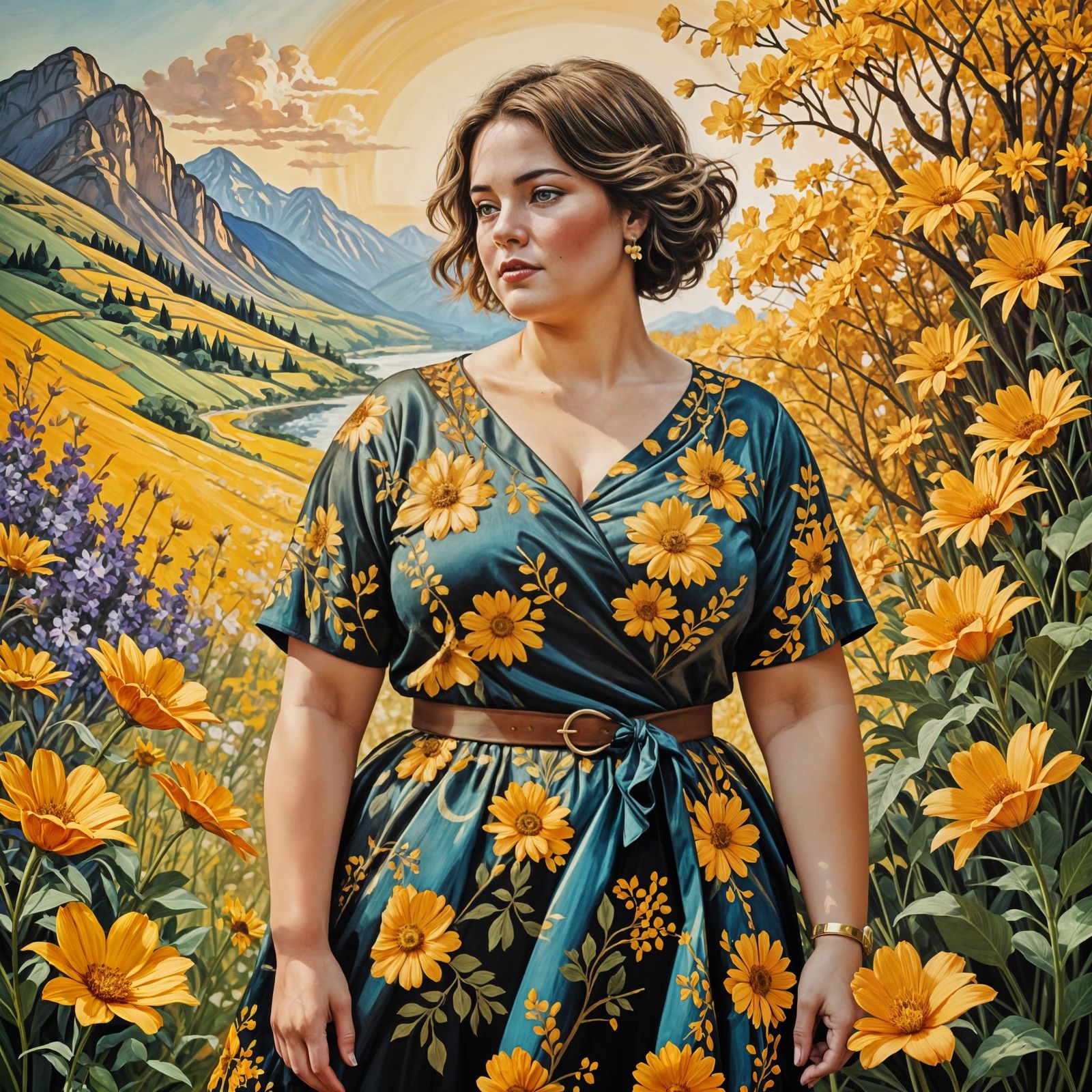 Beautiful Curvy Woman in Vibrant Floral Garden