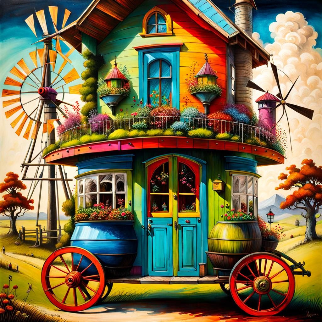 Whimsical Wind-Powered Farm on Wheels