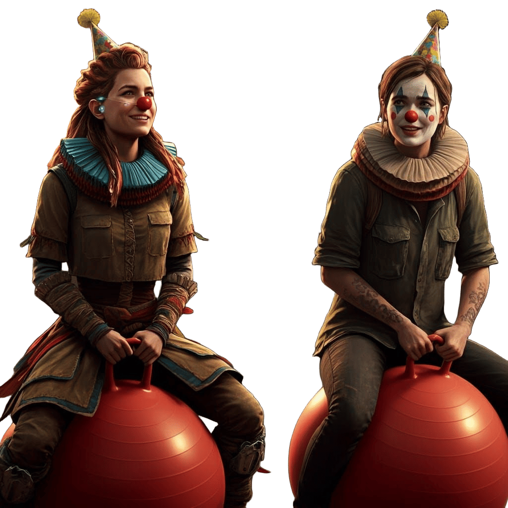 Aloy and Ellie as Clowns Bouncing on Balls
