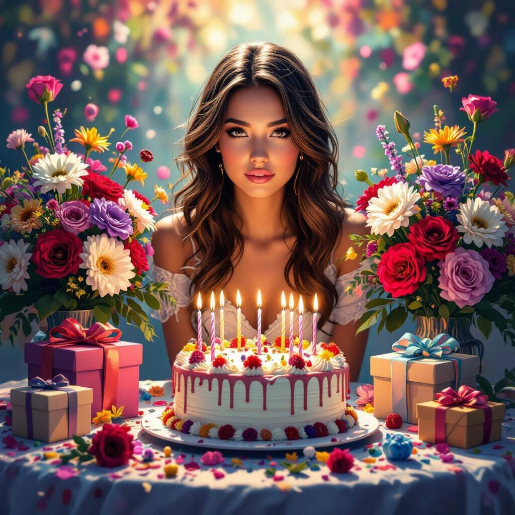 Birthday Celebration with Cake, Gifts, and Flowers