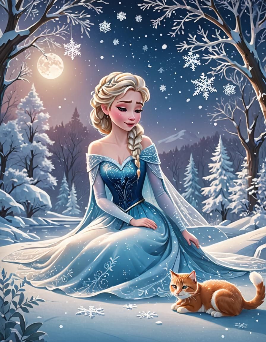 lustration of Anna and Elsa dressed in a beautiful snowflakes. She plays with a cat