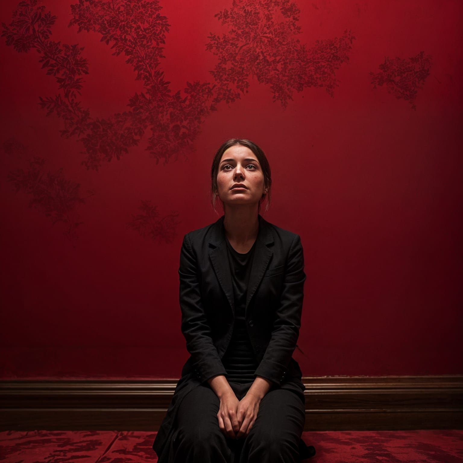 Distraught Woman Anxiously Waits in Crimson Room