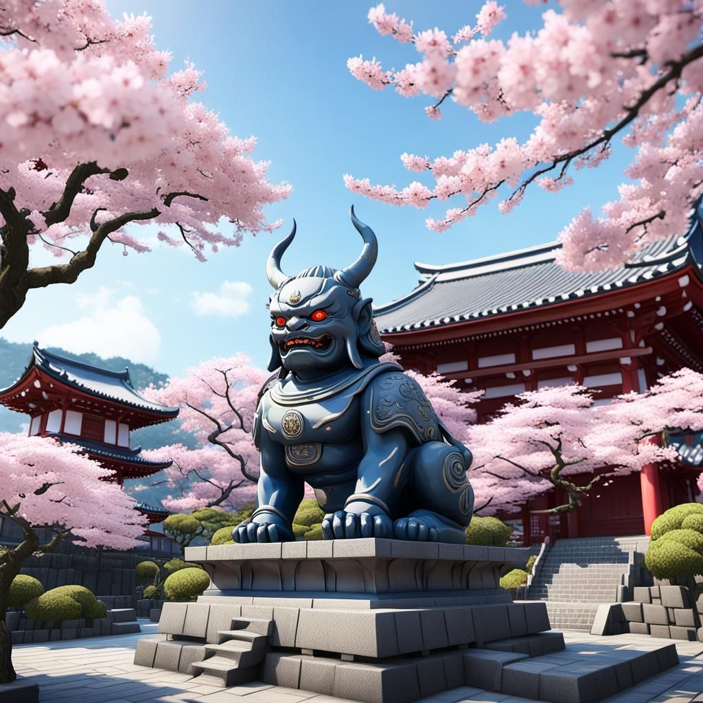 Hasedera Temple with Oni Statue: 3D Anime Art