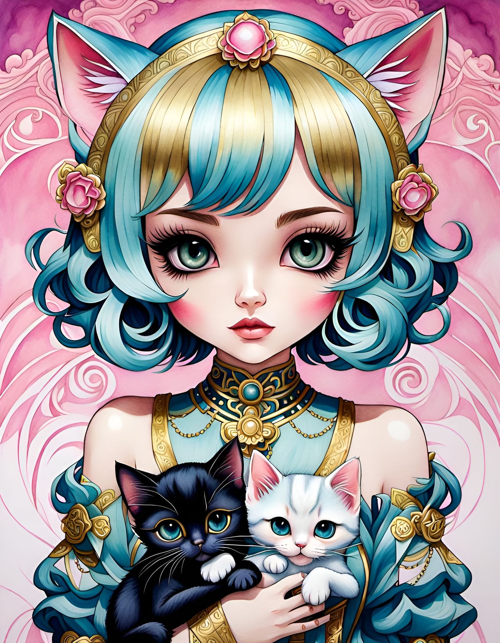 Cute Girl with Two Kittens