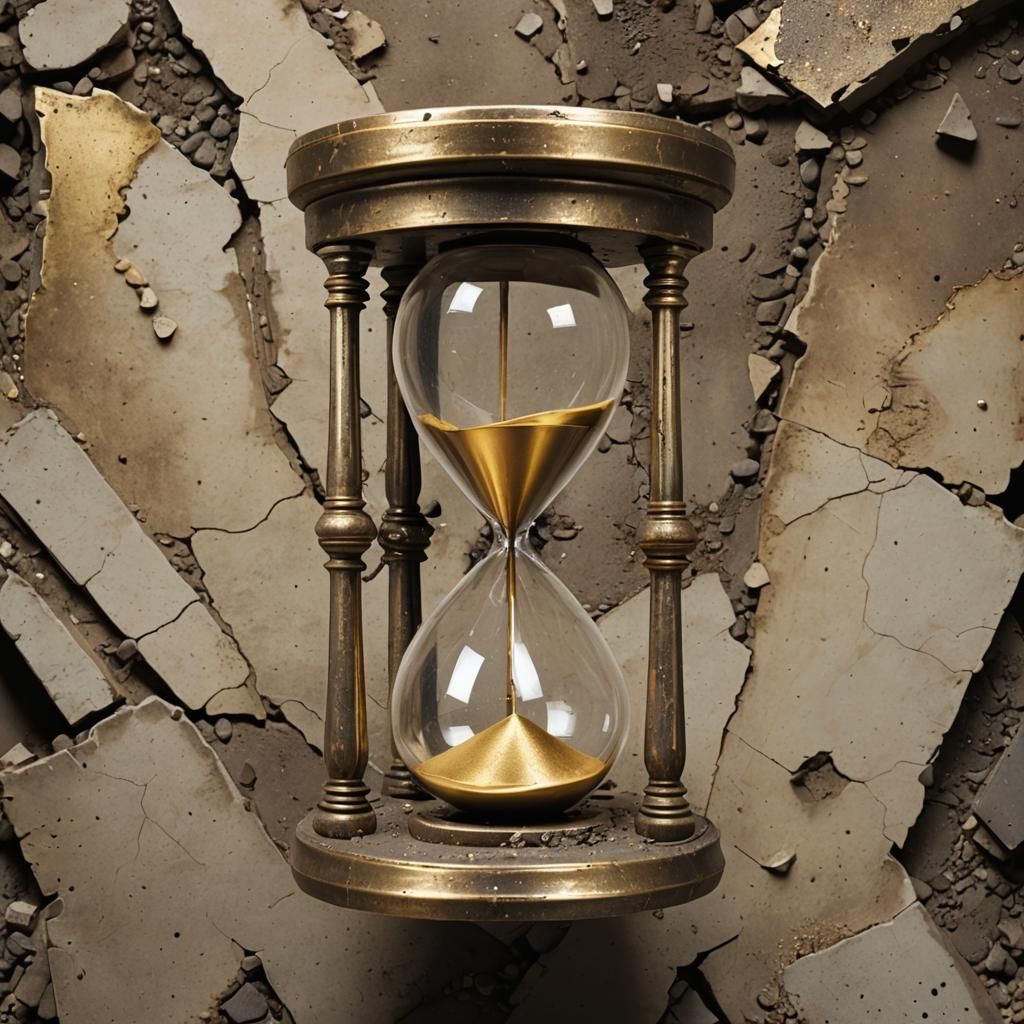 (hourglass 1.3) with gold inside, in a decrepit space