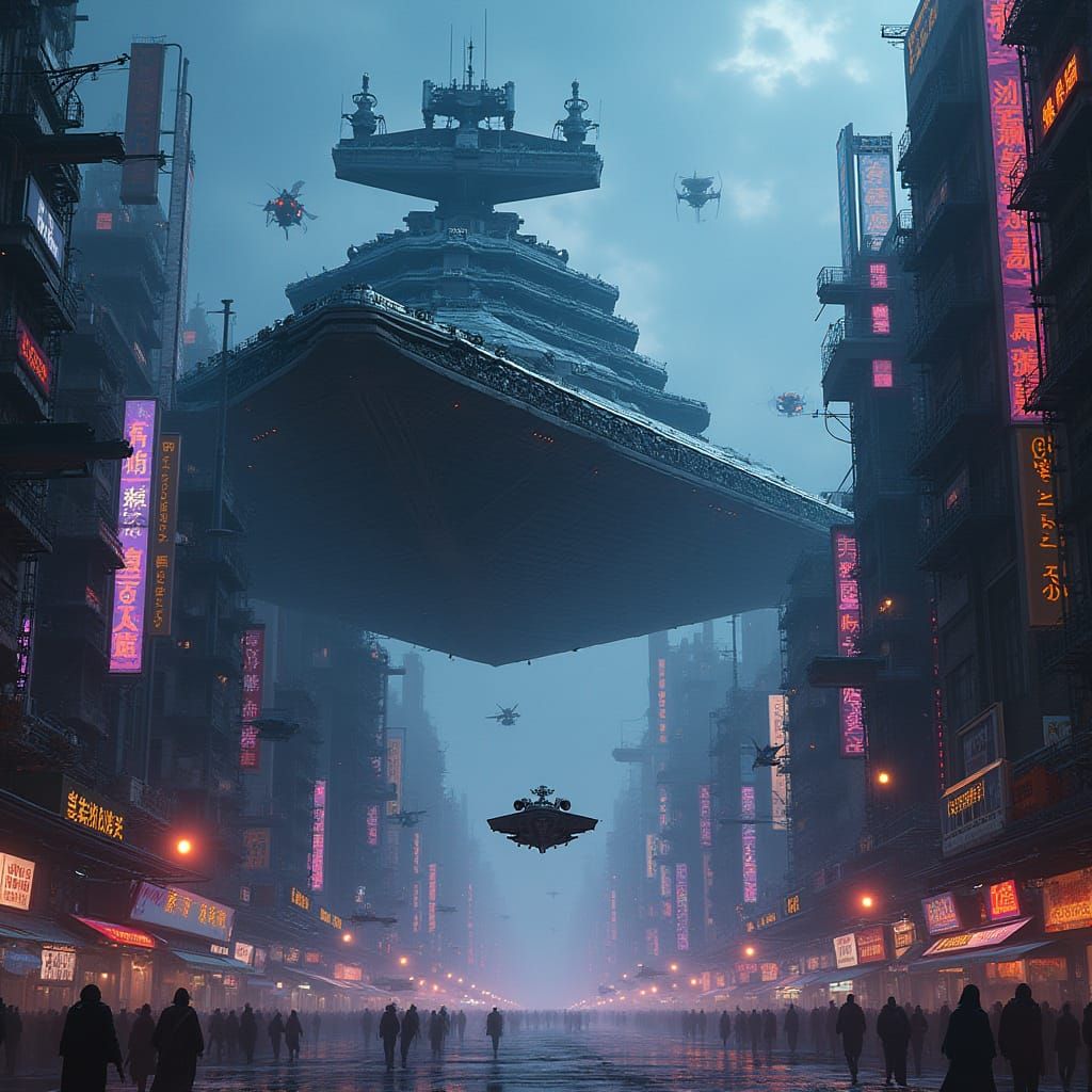 Cyberpunk Star Destroyer Chase in Neon Metropolis