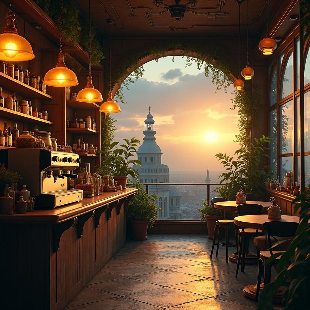Steampunk Coffee Shop Scene with Golden Lighting