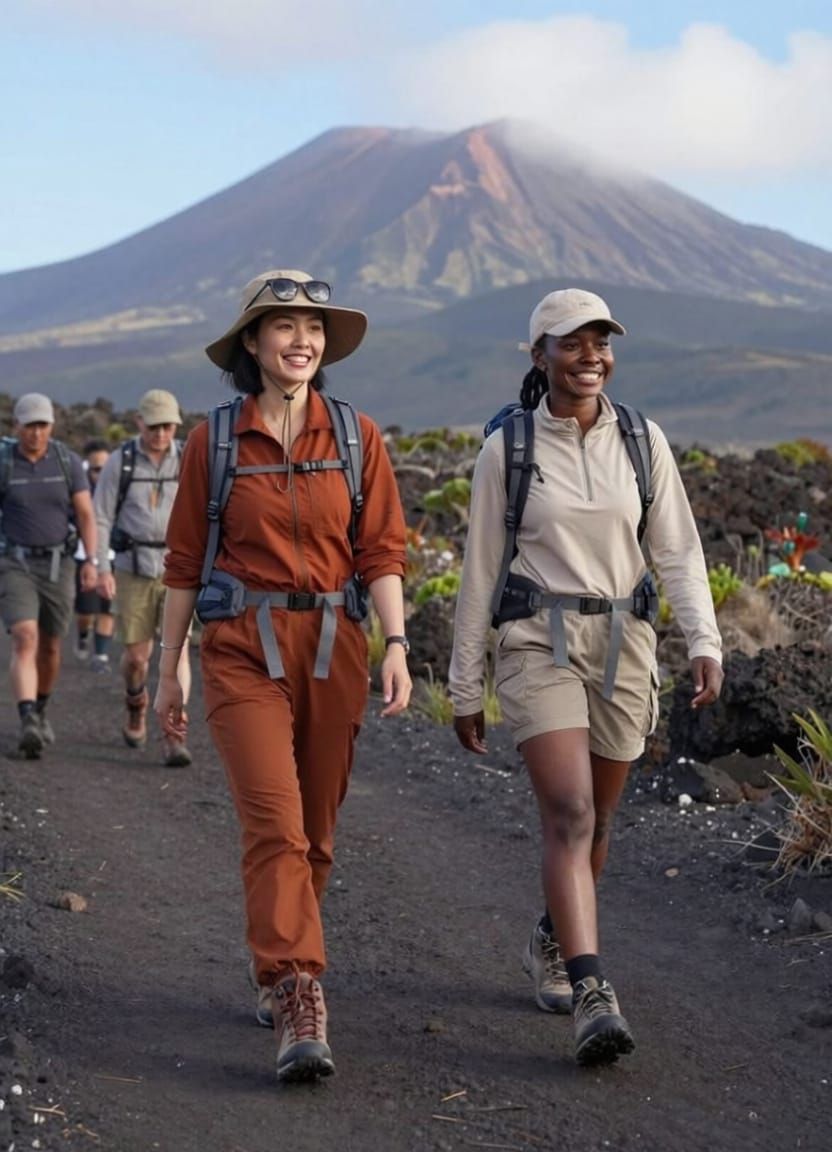Hikers on Réunion Island Trail Near Piton de la Fournaise