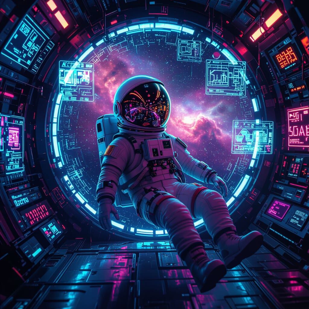 Astronaut Kid in Neon Cyberpunk Space Station