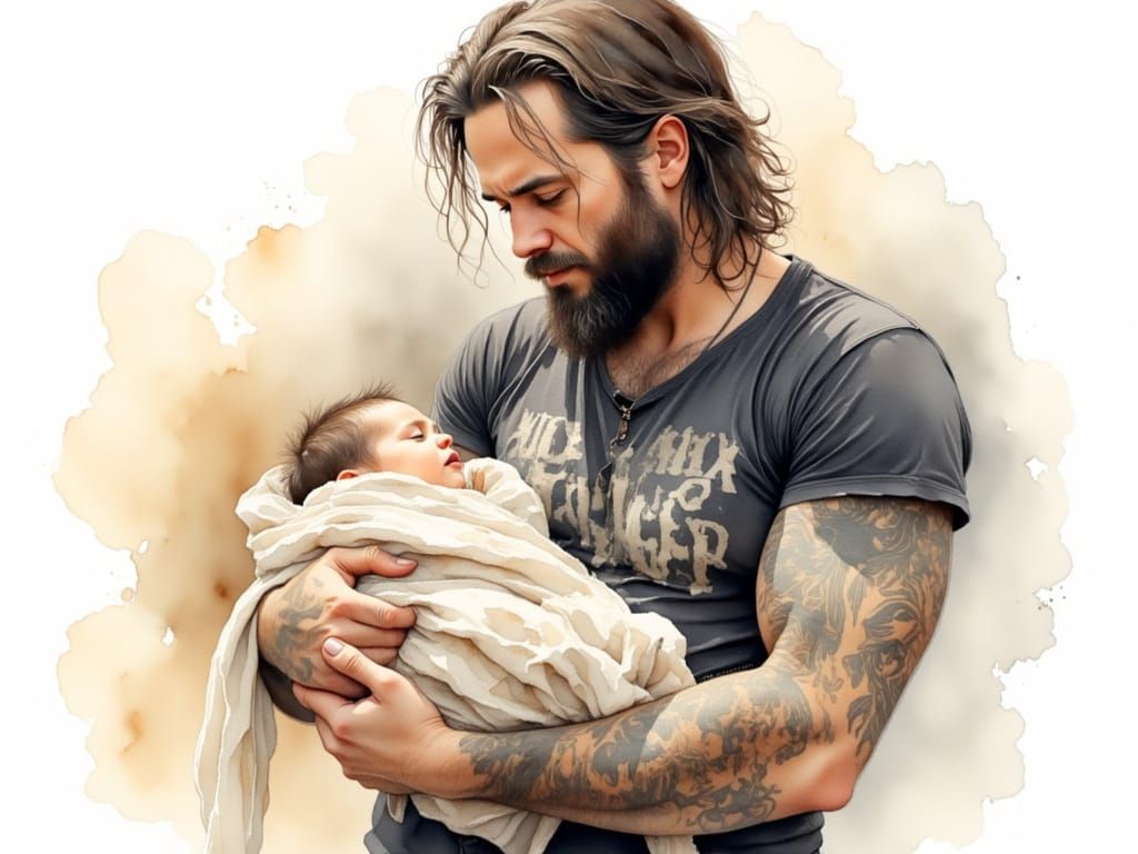 Rugged Man Tenderly Holds Baby in Watercolor Style