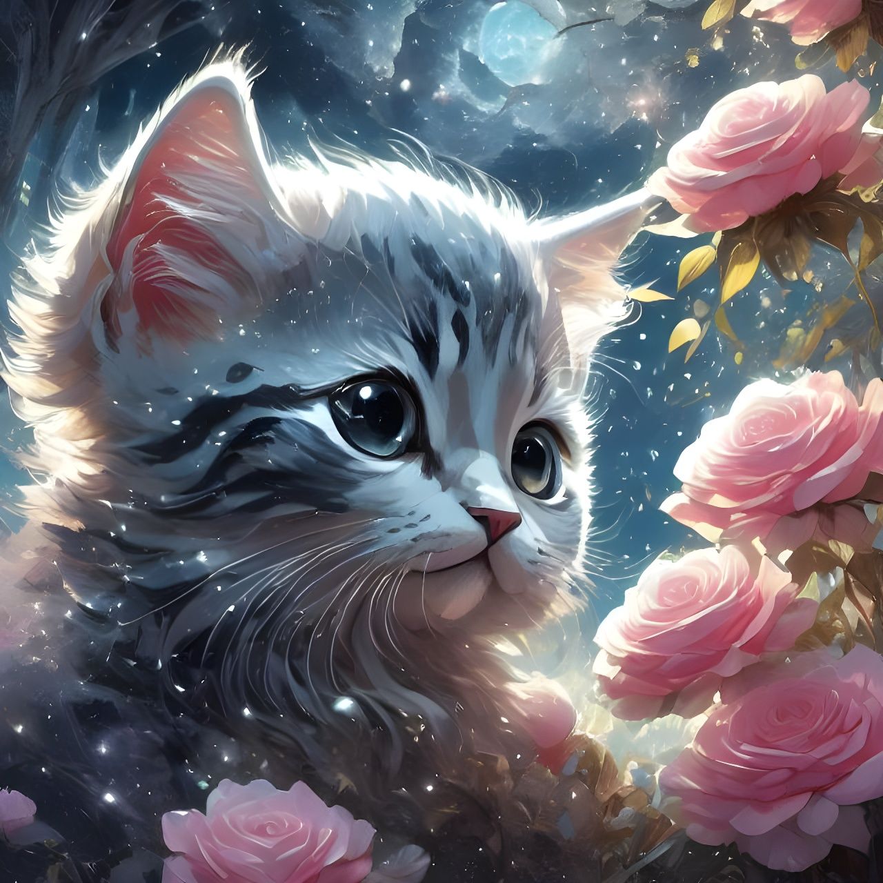 Cute Kitten in Rose Field Under Cosmic Sky