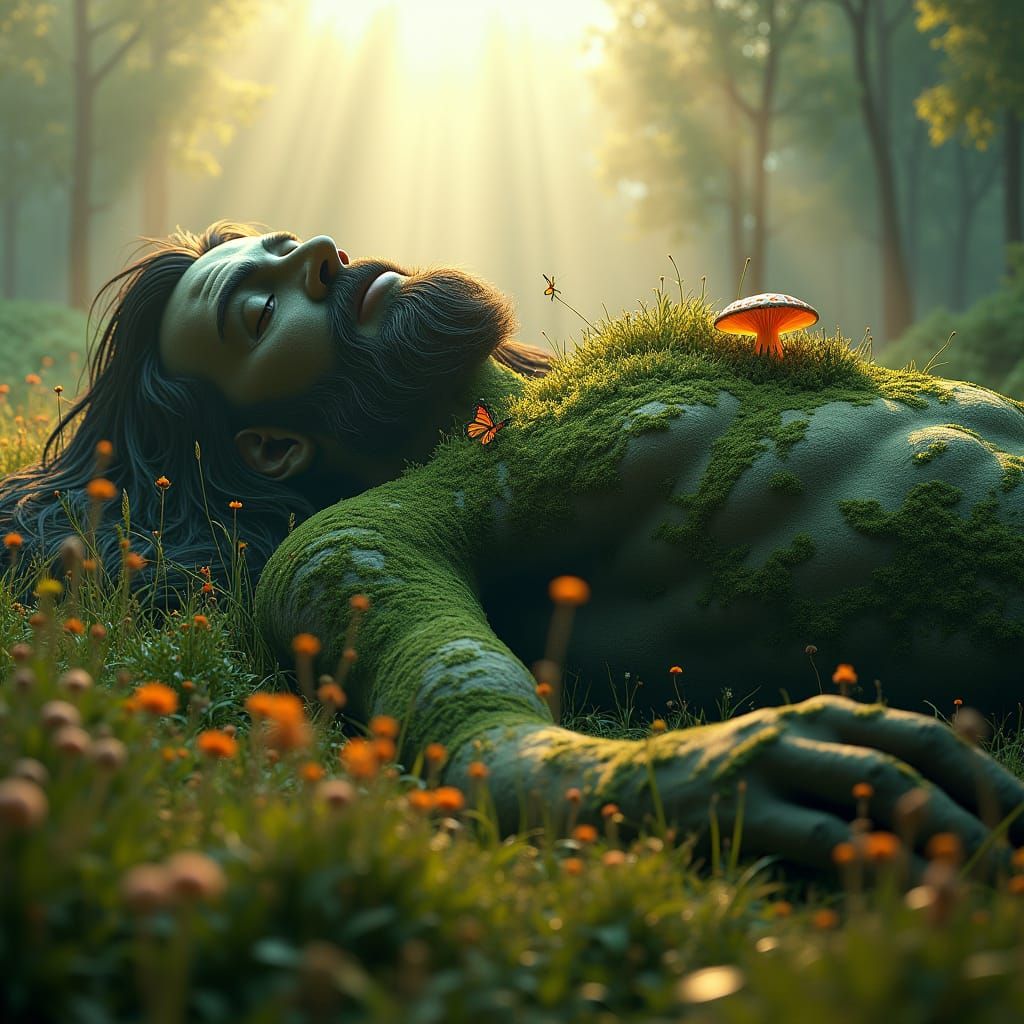 Colossal Moss Giant Sleeping in Overgrown Meadow
