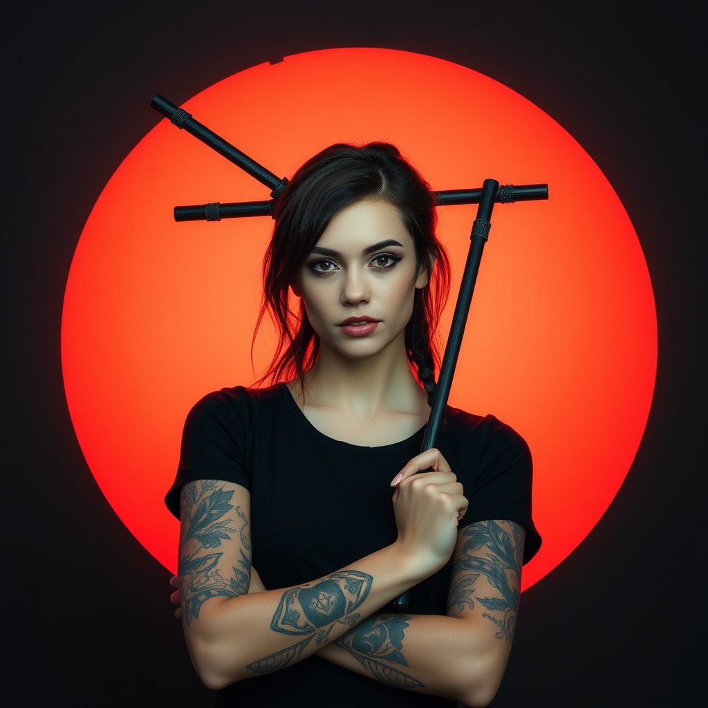 Tattooed Woman with Wooden Hair Sticks in Hyperrealistic Sty...